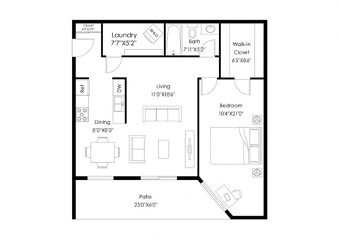 Floor plan for 1 bed, 1 bath, 780 sqft